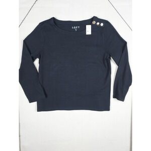 LOFT Womens Medium Black Gold Button Shoulder Long Sleeve Cotton Knit Top NWT